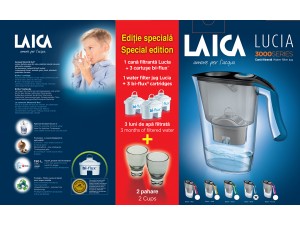 Pachet Cana filtranta Laica Gri+ 3 filtre + 2 pahare