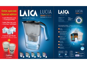 Pachet Cana filtranta Laica Gri+ 3 filtre + 2 pahare